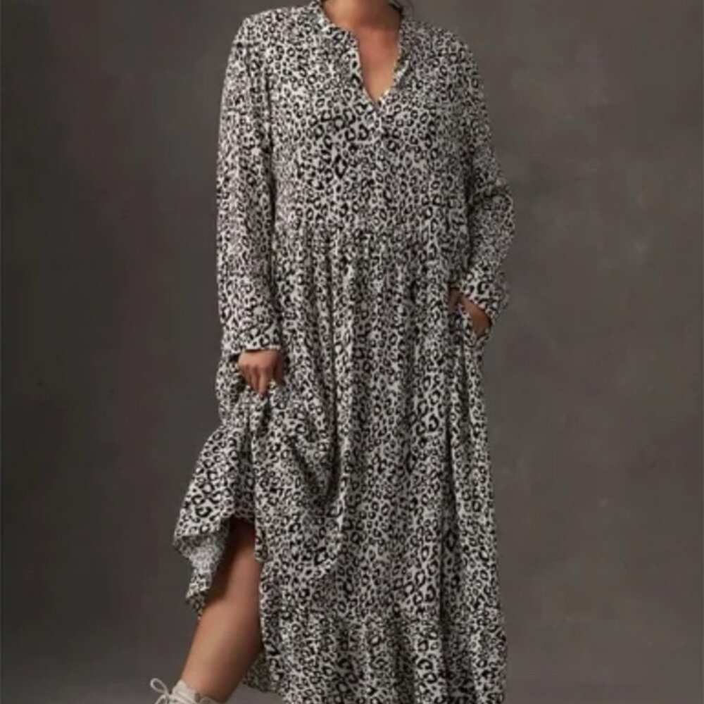 Anthropologie/Mare Mare Dress S Maxi Pockets Flounce Relaxed Fit Leopard Print